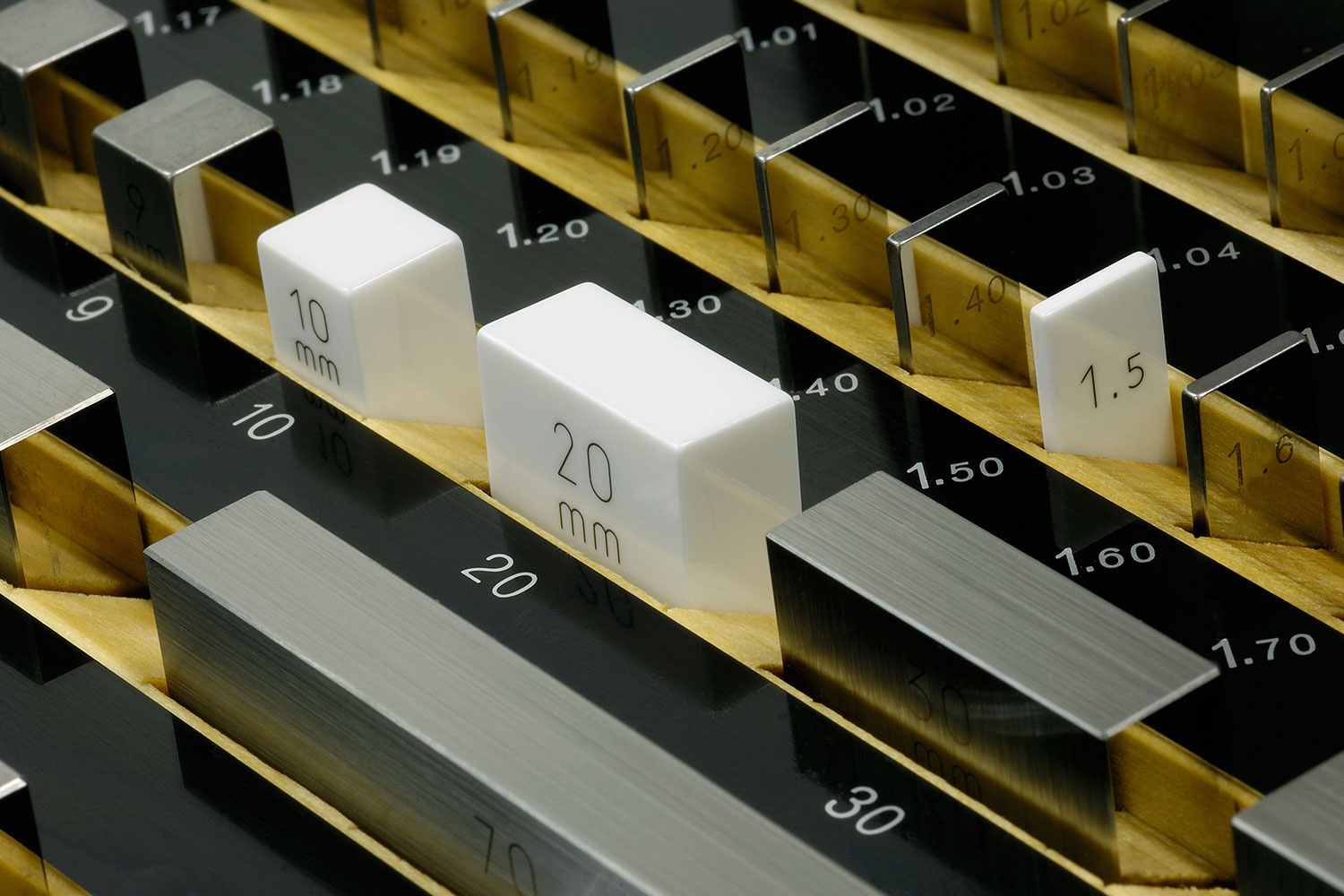 NIST-traceable gauge block stack on the Allometrics calibration bench — the unbroken traceability chain that defines accredited calibration